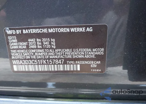 2015 BMW 328D z USA, uszkodzony, nr VIN WBA3D3C51FK157847